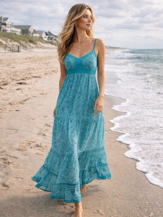 Guess Dresses & Skirts - Guess Aqua Blue and White Paisley Sleeveless Spaghetti Strap Maxi Sundress SZ S